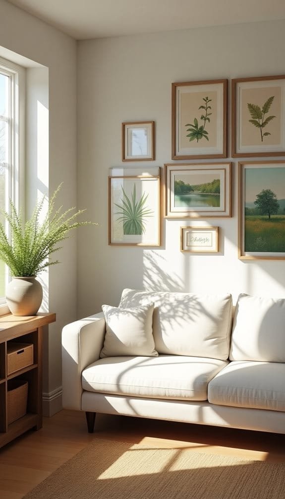 Bright and airy living room featuring a white sofa with plush pillows, a wooden side table with storage, and a decorative houseplant in a ceramic pot. The wall displays a gallery of framed botanical art, creating a serene and stylish atmosphere. Natural sunlight filters through a large window, casting soft shadows on the floor.