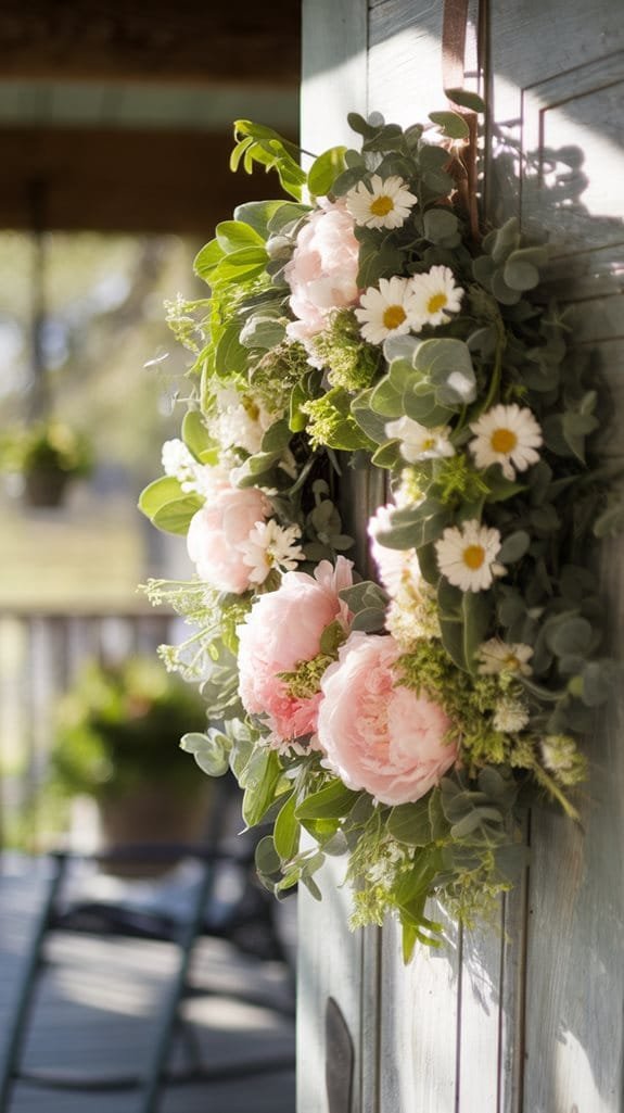 Beautiful floral wreath featuring pink peonies, white daisies, and lush greenery, hanging on a rustic blue door, perfect for home décor and seasonal decorations.