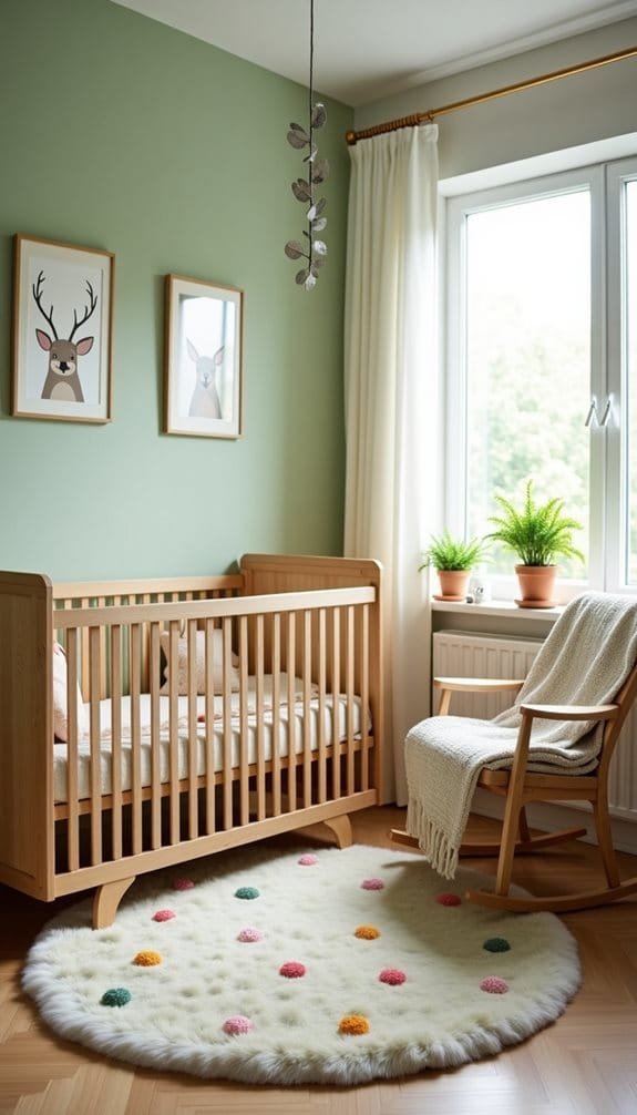 Cozy nursery featuring a wooden crib with soft bedding, accompanied by a comfortable rocking chair and a fluffy, circular rug adorned with colorful polka dots. The serene green walls, framed animal prints, and potted plants by the window create a warm and inviting atmosphere for a child's room.