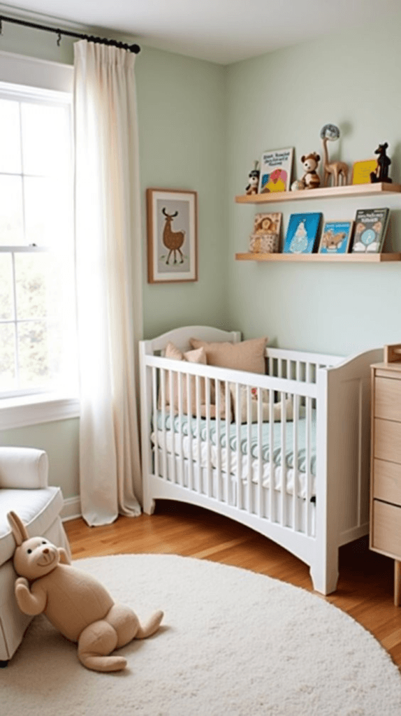Bright and cozy nursery featuring a white crib with soft bedding, a plush brown rabbit toy on a round rug, pastel green walls, and a wooden shelf displaying colorful children's books and decorative animals. Natural light floods the room through large windows, enhancing the inviting atmosphere.