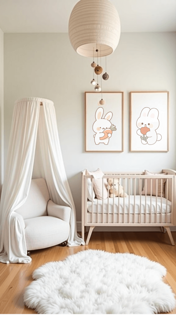 Cozy nursery featuring a soft white rug, a neutral rocking chair, and a crib adorned with plush toys. Two cute bunny-themed artworks hang on the wall, adding a playful and whimsical touch to the child's room. The space is bright and inviting, ideal for enhancing a soothing atmosphere for infants.