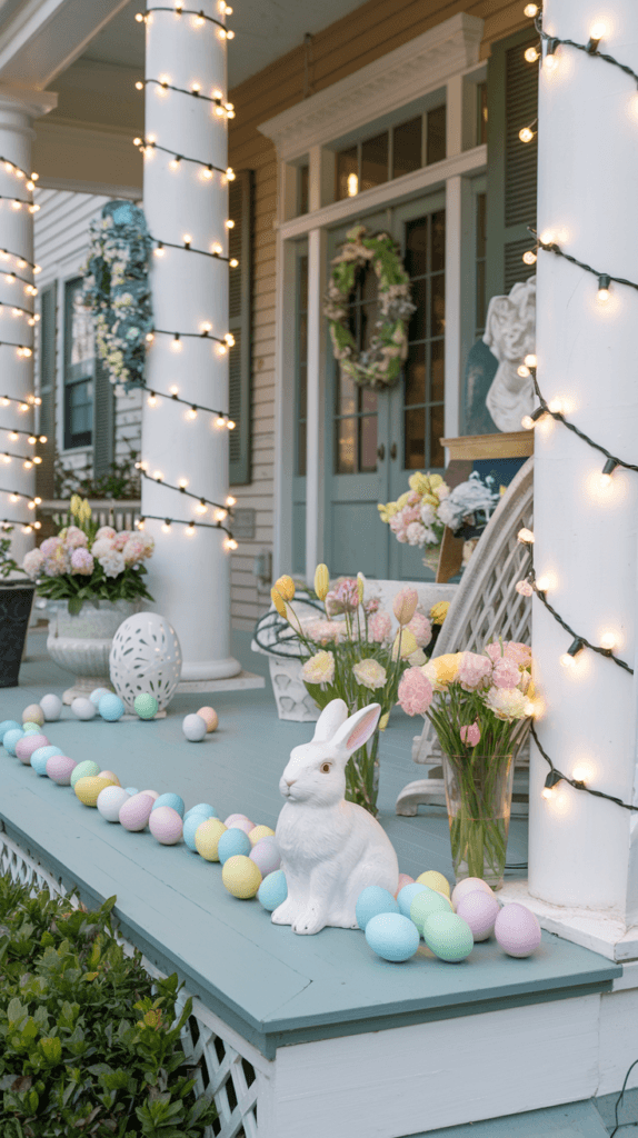 Decorated porch for Easter featuring pastel-colored eggs, a white bunny statue, vibrant floral arrangements, and string lights illuminating the space.