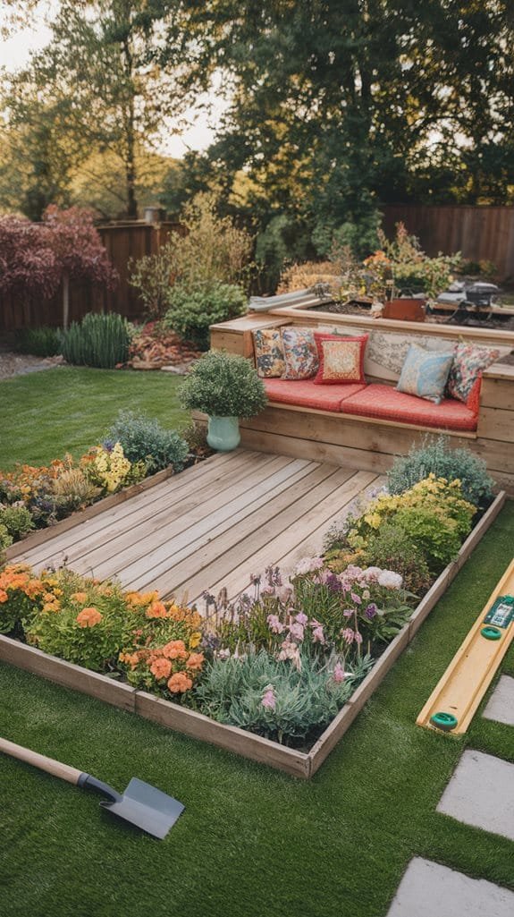 Cozy outdoor seating area surrounded by vibrant flower beds, featuring a wooden deck and lush green grass, ideal for relaxing in a landscaped garden.