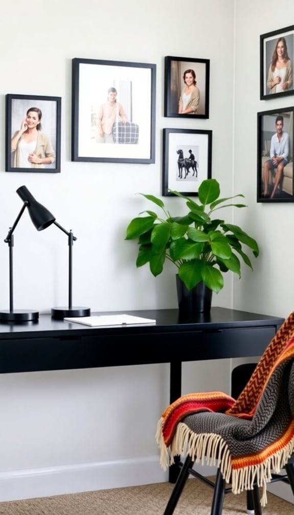 Modern home office featuring a sleek black desk, a stylish lamp, and a decorative plant. The wall is adorned with framed photographs, creating a personalized ambiance. A colorful, fringed throw adds warmth to the chair. Ideal for inspiring creativity and comfort in a workspace.