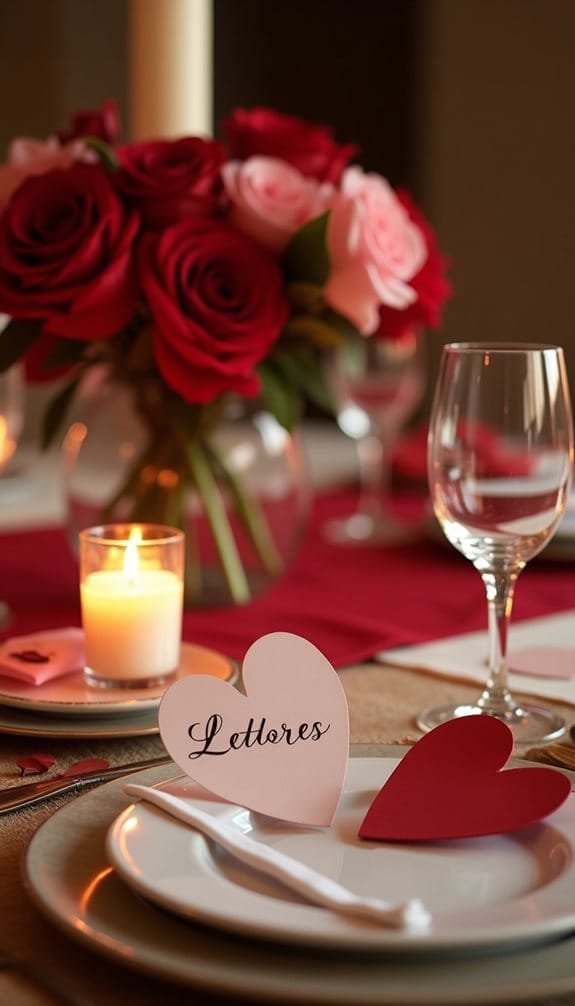 Elegant dinner table set for a romantic occasion, featuring roses, candlelight, and heart-shaped place cards.