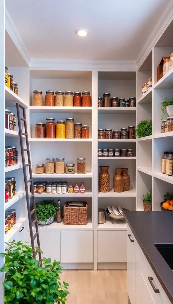 Organized modern pantry featuring shelves filled with jars of various spices, grains, and condiments. Includes decorative storage containers, fresh herbs, and a ladder for easy access. The space is bright and well-lit, showcasing a minimalist kitchen design.