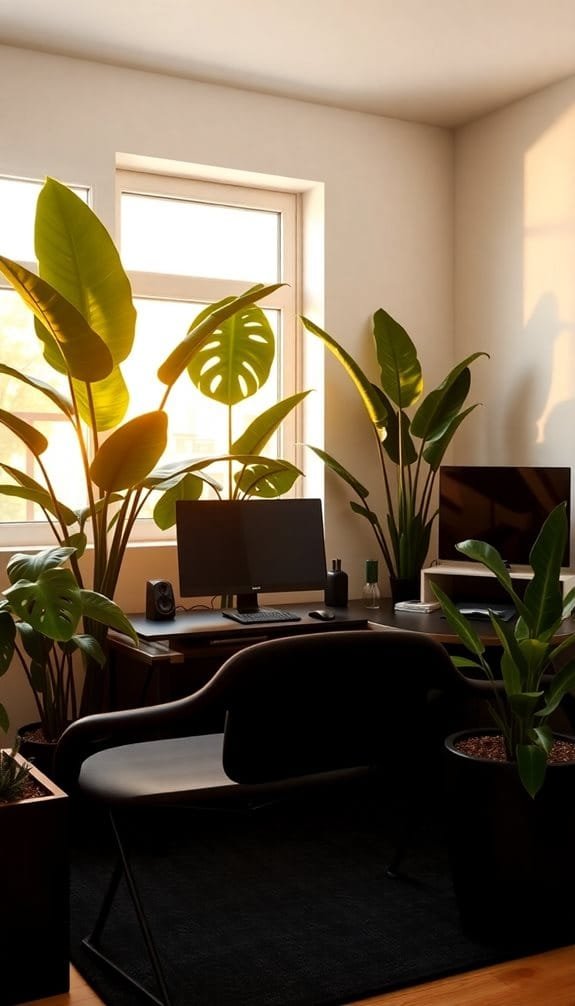 Home office space featuring large indoor plants, a desk with a computer monitor, and a stylish black chair. Natural light streams through the window, creating a warm and inviting atmosphere.