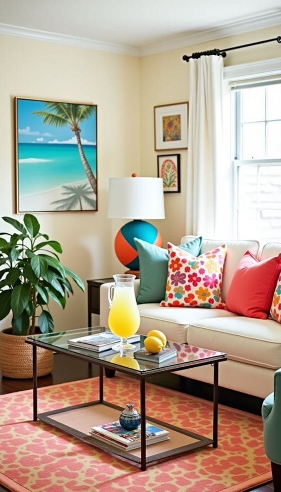 Bright and inviting modern living room featuring a light color palette, vibrant floral-patterned cushions, a glass coffee table with yellow lemonade
