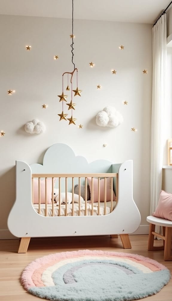 A beautifully styled nursery featuring a cloud-themed crib with wooden legs, soft pink bedding, and a plush toy. The walls are adorned with golden stars and white cloud decorations, complemented by a colorful, fluffy rainbow area rug on a light wooden floor. Natural light pours in through a sheer curtain, creating a cozy and inviting atmosphere for infants.