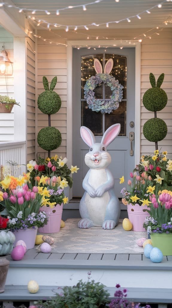 Colorful Easter-themed porch featuring a large decorative rabbit statue surrounded by vibrant flower pots filled with tulips and daffodils, alongside decorative topiary bunnies and an inviting door adorned with a floral wreath and string lights.