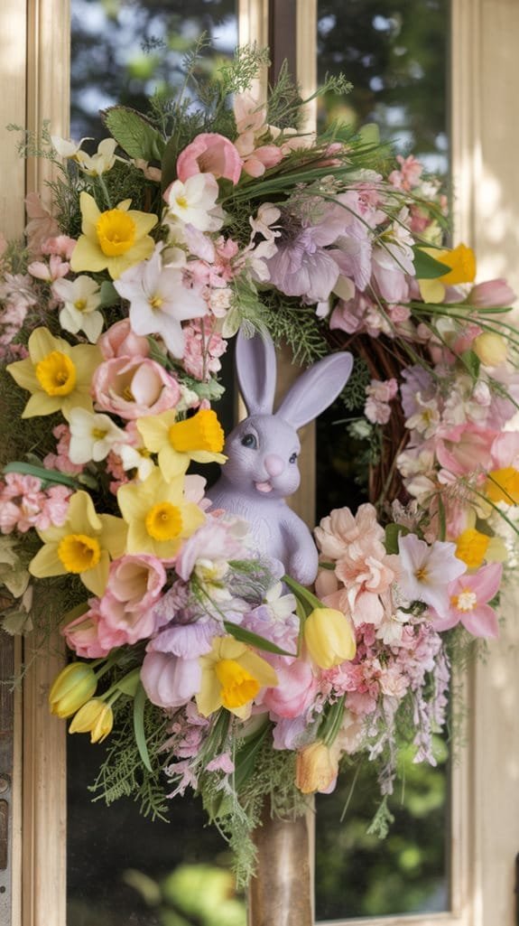 Colorful spring wreath featuring a purple bunny surrounded by a variety of pastel flowers, including daffodils, tulips, and peonies, set against a door with natural light. Perfect for seasonal home decor.