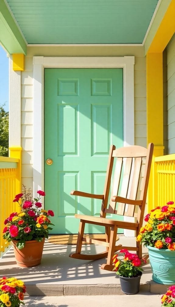 Brightly colored porch with a mint green door, wooden rocking chair, and vibrant flowering plants in pots.