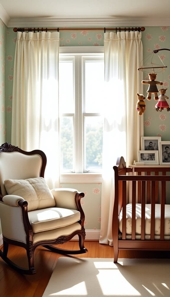 Cozy nursery interior featuring a rocking chair and a wooden crib, adorned with soft bedding and a mobile of plush toys, softly lit by sunlight streaming through sheer white curtains. Floral wallpaper and family photos add warmth to the inviting space.