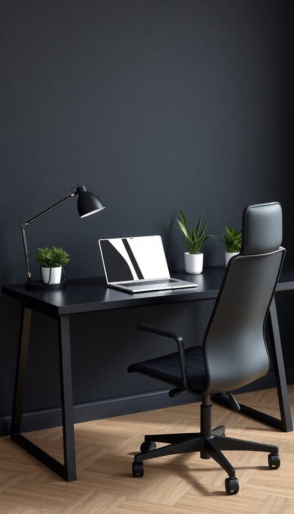 Modern home office setup featuring a sleek black desk, ergonomic chair, and a laptop, complemented by potted plants for a fresh aesthetic. The dark wall enhances the contemporary decor and work environment.