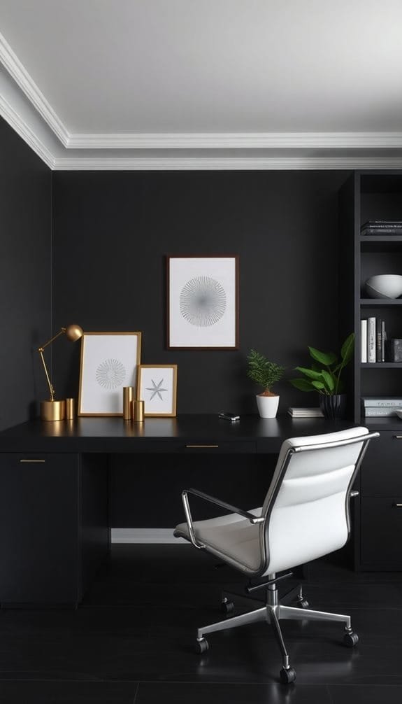 Stylish modern home office featuring a sleek black desk, white ergonomic chair, decorative gold accents, and framed abstract wall art. Green plants add a touch of nature to the minimalist black decor.