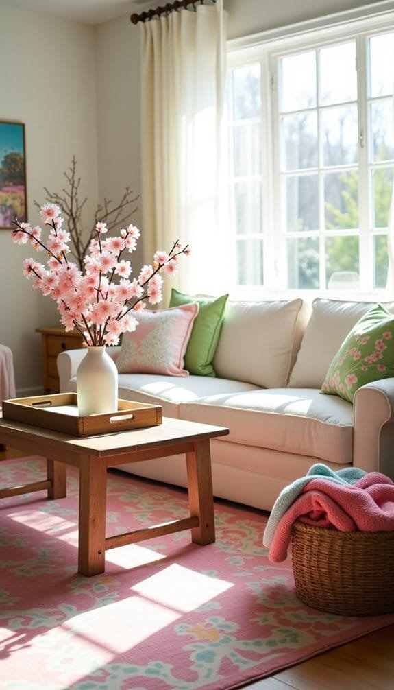 Bright and airy living room featuring a white sofa with colorful pillows, a wooden coffee table, and a decorative vase with pink flowers. Sunlight streams through large windows, illuminating a pink patterned rug and a cozy basket with a soft blanket.