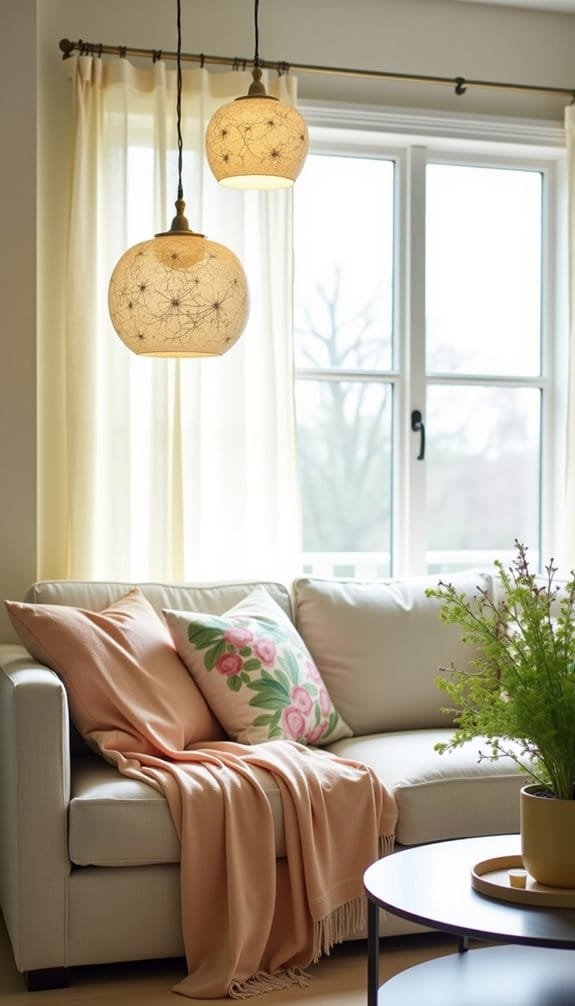 Cozy living room featuring a light-colored sofa adorned with decorative pillows, a soft peach throw blanket, and a green plant on a round coffee table, illuminated by unique pendant lights hanging near a bright window with sheer curtains.