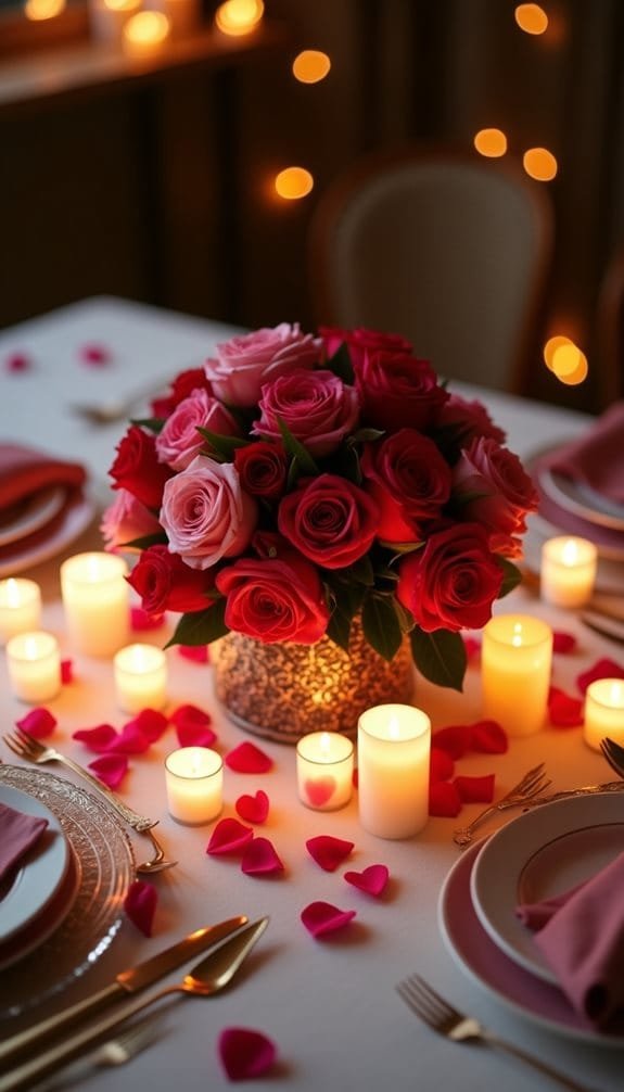 Elegant dining setup with a rose bouquet, candles, and rose petals, perfect for romantic celebrations.