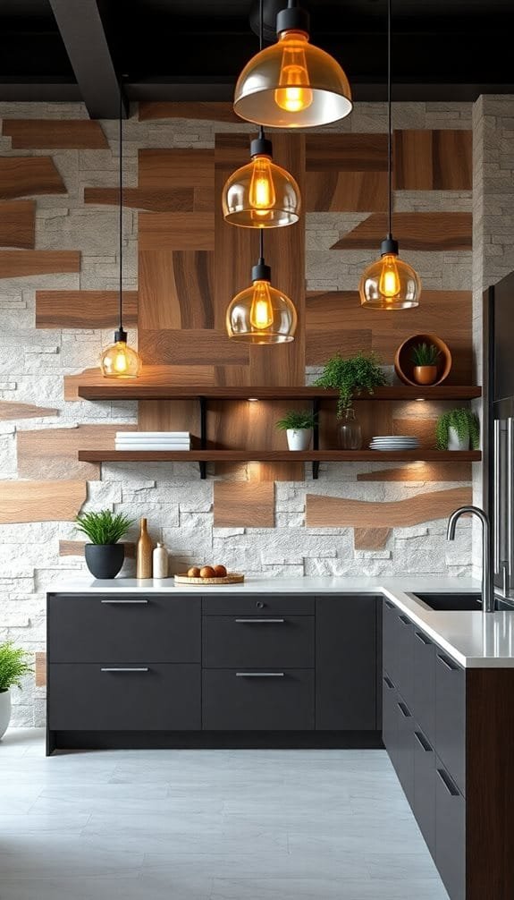 Modern kitchen interior featuring dark cabinetry, white countertops, and decorative wooden wall accents. The design includes hanging glass pendant lights and open shelving with plants for a stylish and inviting atmosphere.