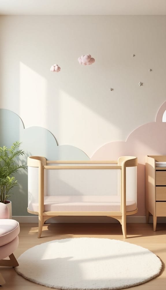 Minimalist nursery design featuring a modern wooden crib, soft pastel-colored wall accents, and a plush circular rug, creating a serene and stylish environment for infants.