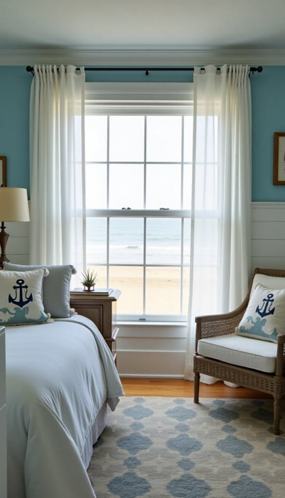 Cozy beach-themed bedroom featuring a large window with sheer white curtains, a soothing blue wall, a neatly made bed with anchor-patterned pillows, a wicker chair, and a wooden nightstand. Ocean view visible through the window enhances the serene ambiance.