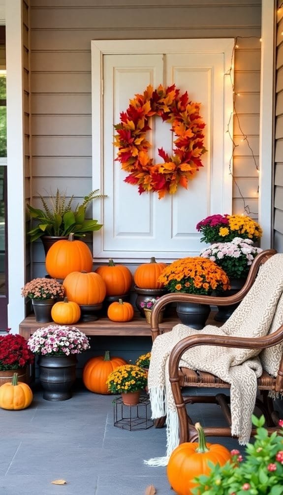 Cozy fall porch decorated with pumpkins, colorful flowers, and a warm blanket, featuring a vibrant autumn wreath.