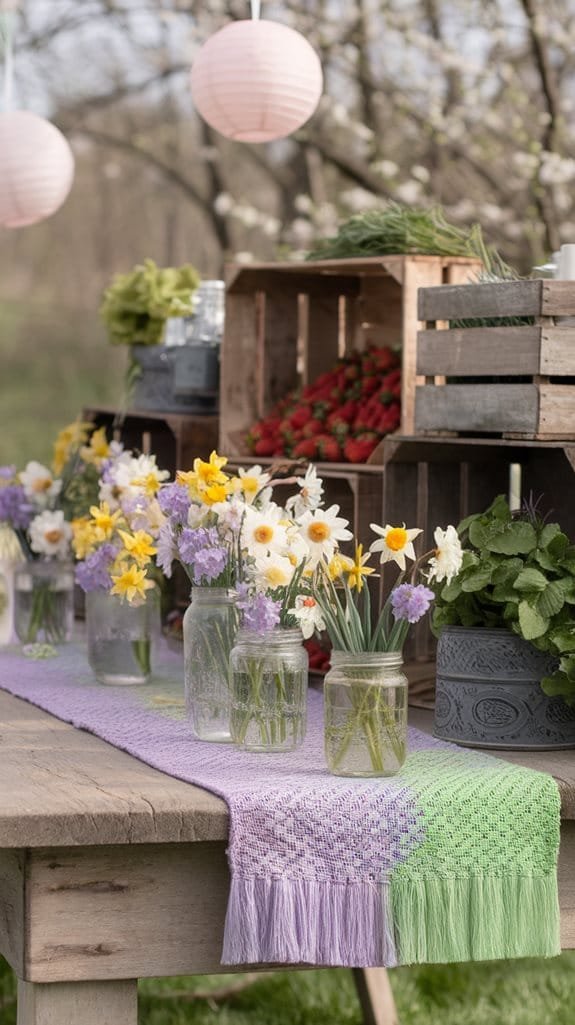A rustic table setting adorned with colorful spring flowers in mason jars, surrounded by wooden crates filled with fresh strawberries and greenery, under soft pink lanterns, creating a vibrant outdoor decor atmosphere.