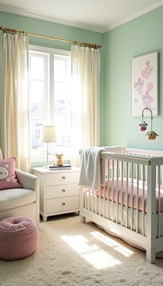 Bright and airy nursery featuring a white crib with pink bedding, a cozy beige armchair, a white nightstand with a lamp, and pastel green walls. Natural light fills the room through large windows, complemented by soft white curtains and a decorative wall art piece. A plush pink pouf adds a touch of comfort to the stylish decor.