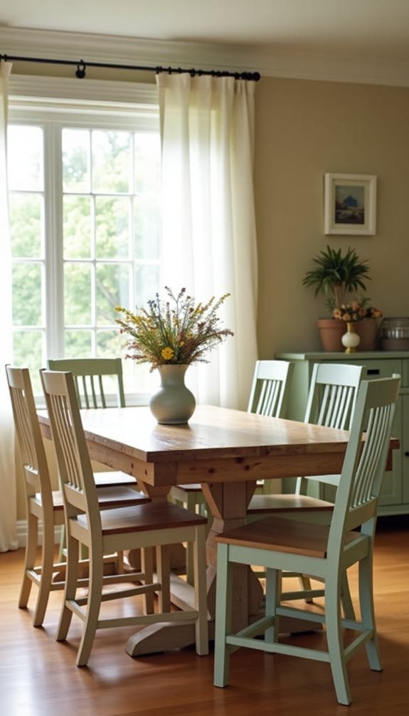 Bright dining room featuring a wooden table, pale green chairs, and a floral centerpiece by a large window.