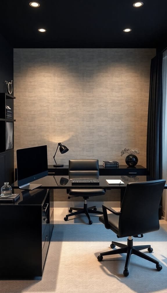 Modern black home office featuring a sleek glass desk, ergonomic chairs, and contemporary decor emphasizing minimalism and comfort. The warm lighting and neutral wall texture create a sophisticated atmosphere ideal for productivity.