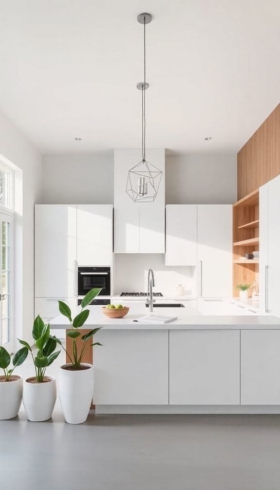 Modern kitchen interior featuring sleek white cabinets, a minimalist design, and natural light. The space includes a stylish pendant light, a stainless steel sink, and potted plants for added greenery. A wooden shelf showcases decorative items, enhancing the contemporary look.