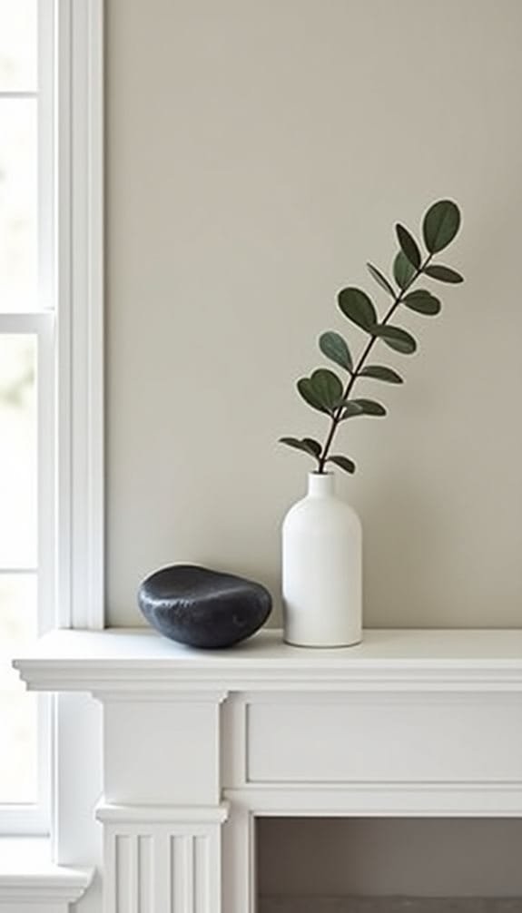 Decorative white vase with a green leaf branch and a smooth black stone on a white mantel against a soft beige wall.