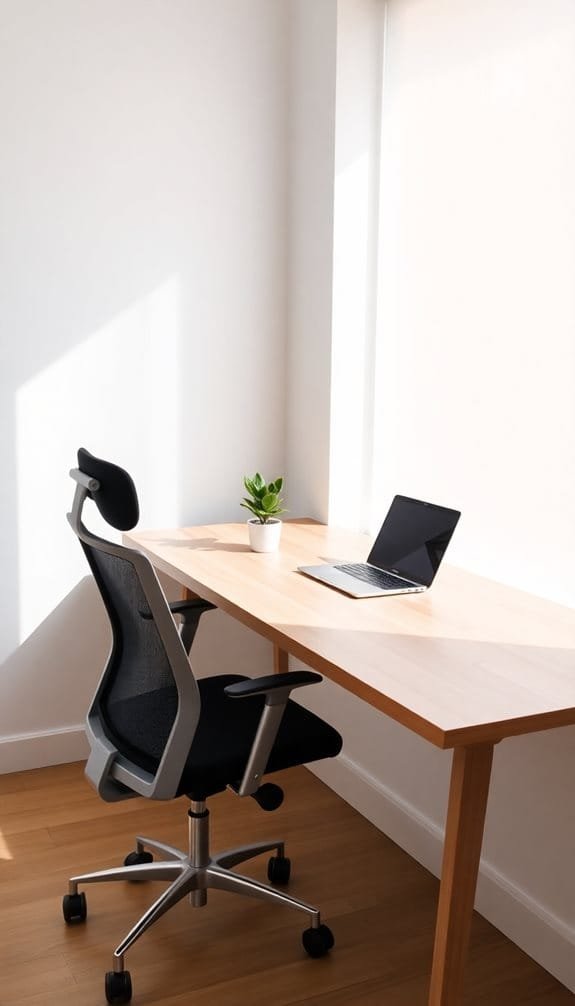Modern workspace featuring a sleek desk, ergonomic chair, laptop, and a small potted plant in natural light.