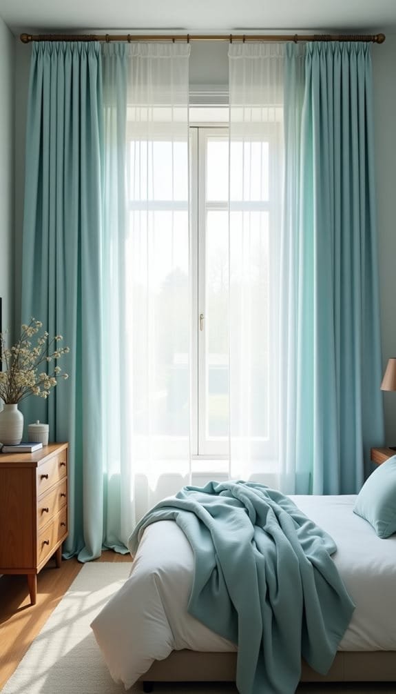 Cozy bedroom featuring light blue curtains, a neatly made bed with a matching blanket, and a wooden nightstand holding decorative items, creating a serene and inviting atmosphere.