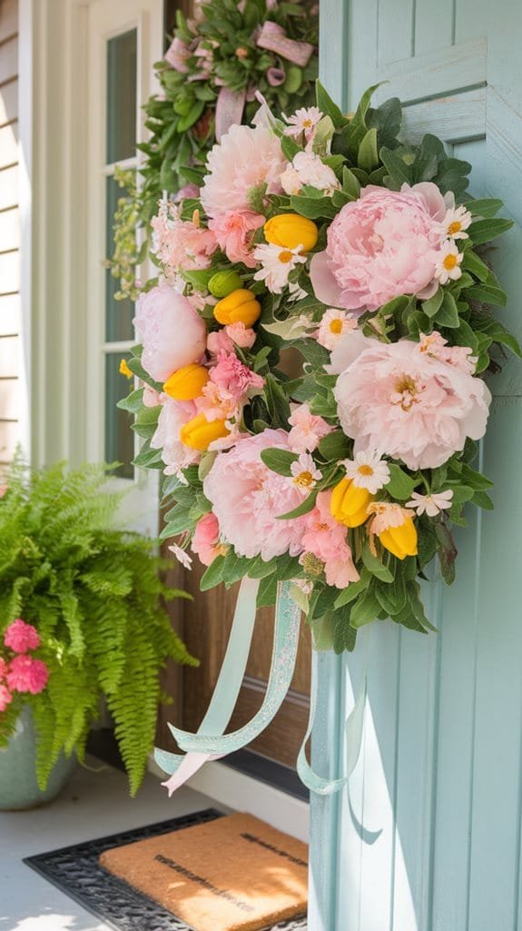 Colorful spring wreath adorned with peonies, yellow tulips, and daisies, hanging on a teal door next to a potted fern and a doormat. Perfect for seasonal home decor.