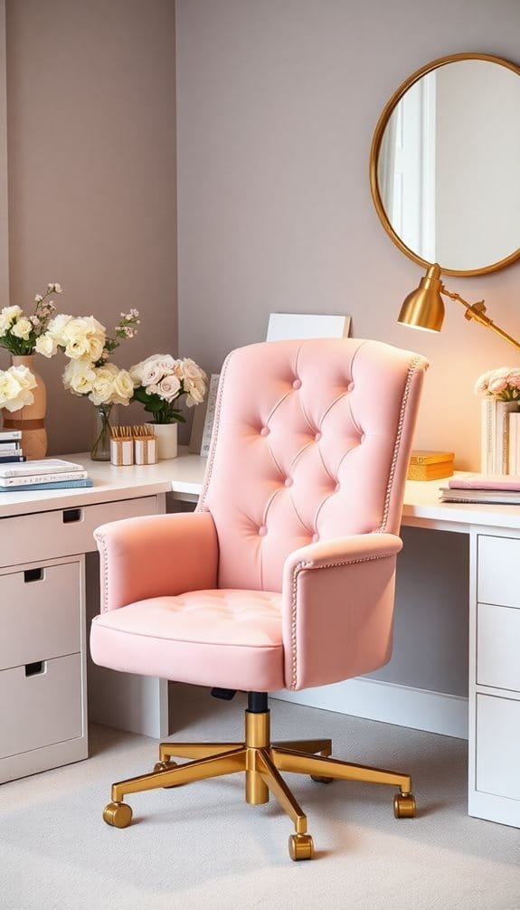 Stylish pink office chair with tufted upholstery and a gold base, positioned in a chic workspace featuring a desk, decorative flowers, and a round mirror. Ideal for home office decor inspiration.