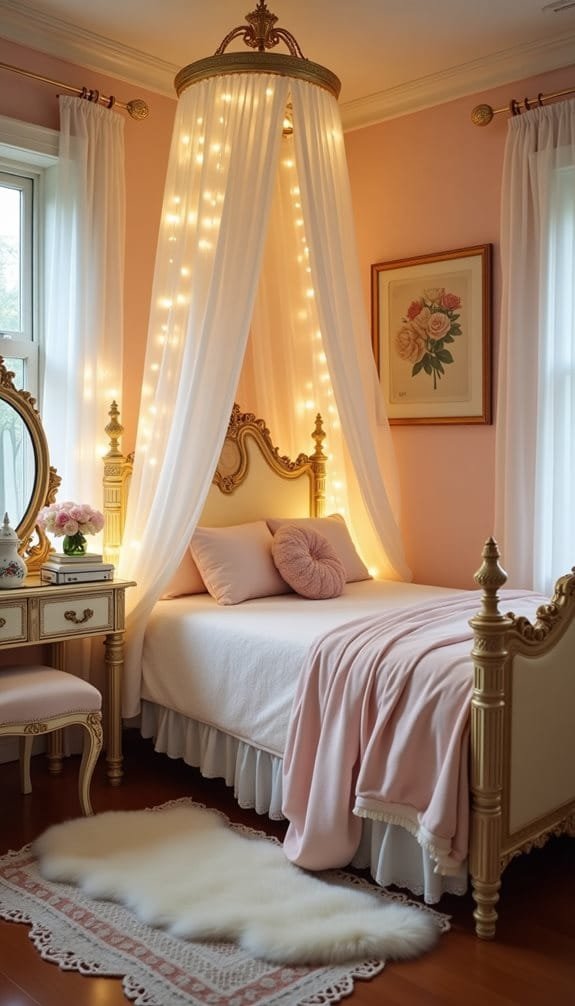 Cozy bedroom featuring a gold canopy bed adorned with fairy lights, elegant pink bedding, and a decorative pink cushion. The room includes a vintage vanity with a floral arrangement and a plush white rug, all set against a soft pink wall backdrop.