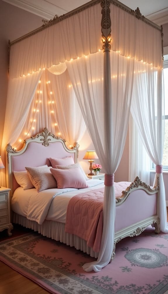 Elegant bedroom featuring a four-poster canopy bed adorned with sheer white drapes and string lights. The bed is dressed in soft pink linens and plush pillows, complemented by a beautiful rug with intricate patterns. Soft ambient lighting from bedside lamps creates a cozy and inviting atmosphere. Ideal for a romantic or dreamy interior design aesthetic.