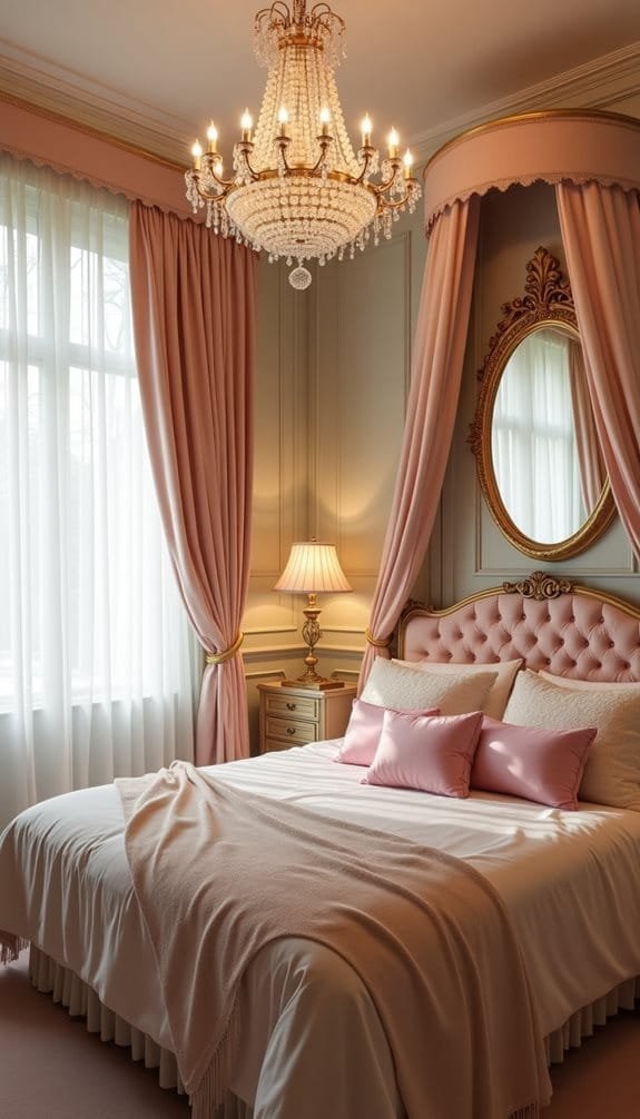 Elegant bedroom interior featuring a pink color palette, adorned with a crystal chandelier, luxurious drapes, and a plush tufted headboard. The space includes decorative pillows and a stylish bedside lamp, creating a cozy and sophisticated ambiance.