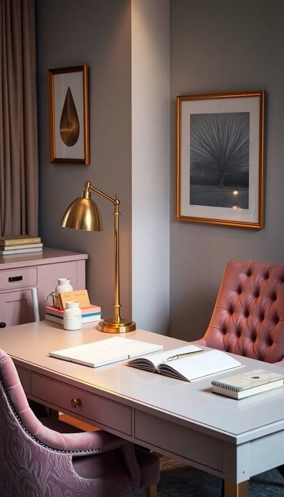 Stylish modern home office featuring a chic pink desk and velvet chair, complemented by a brass desk lamp and decorative wall art. The workspace is organized with books and notebooks, creating a cozy and inviting atmosphere for productivity.