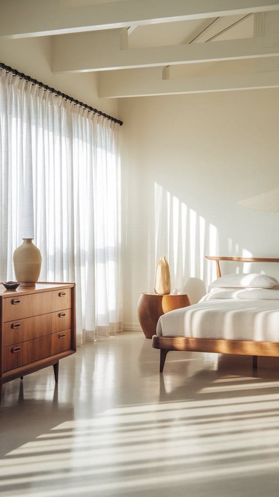 Modern bedroom interior featuring a wooden bed frame, minimalist decor, and large sheer white curtains allowing natural light.