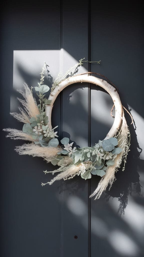 Decorative circular wreath made of dried eucalyptus and soft pampas grass, displayed against a dark gray door, providing a natural and elegant touch to home decor.