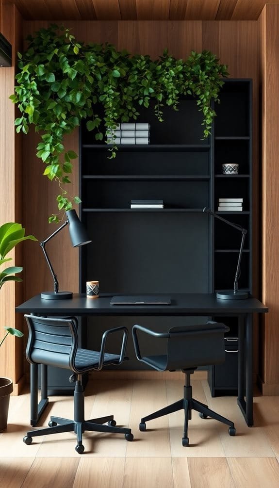 Modern home office setup featuring a sleek black desk, two ergonomic chairs, and stylish desk lamps, accented by lush green plants and a wooden backdrop, creating a warm and inviting workspace.