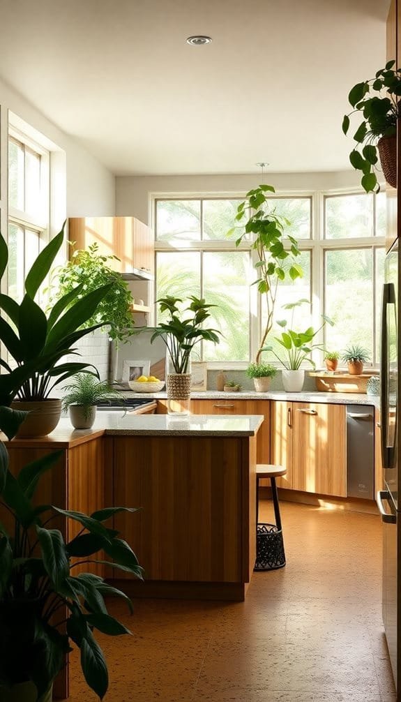 Bright and airy kitchen featuring wooden cabinetry, a granite countertop, and large windows that allow natural light. Abundant green plants enhance the vibrant atmosphere, while a cozy seating area invites relaxation. The modern design combines functionality with a touch of nature.