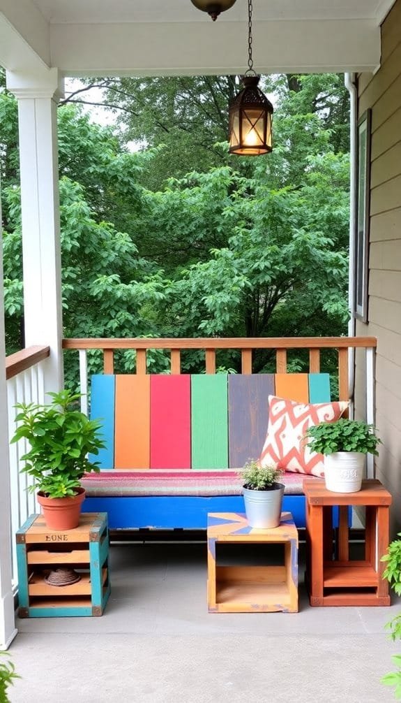 Colorful outdoor bench with potted plants and rustic side tables, enhancing a cozy porch atmosphere.