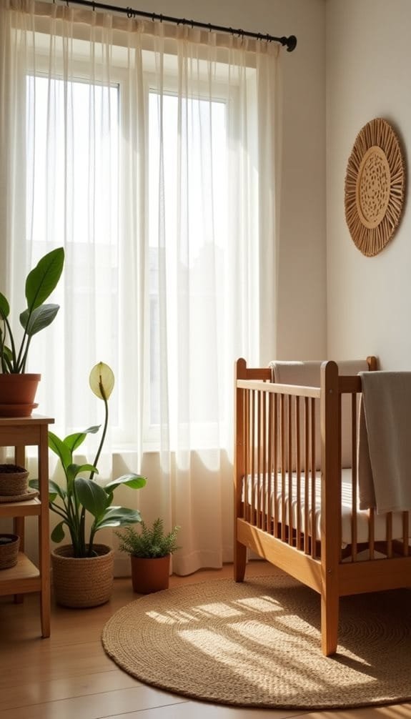 Bright and airy nursery featuring a wooden crib, natural light filtering through sheer curtains, and potted plants, creating a serene and inviting atmosphere.