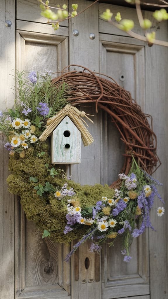 Floral wreath adorned with lavender, daisies, and greenery, featuring a small birdhouse, hung on a rustic wooden door. Perfect for spring or summer home decor.