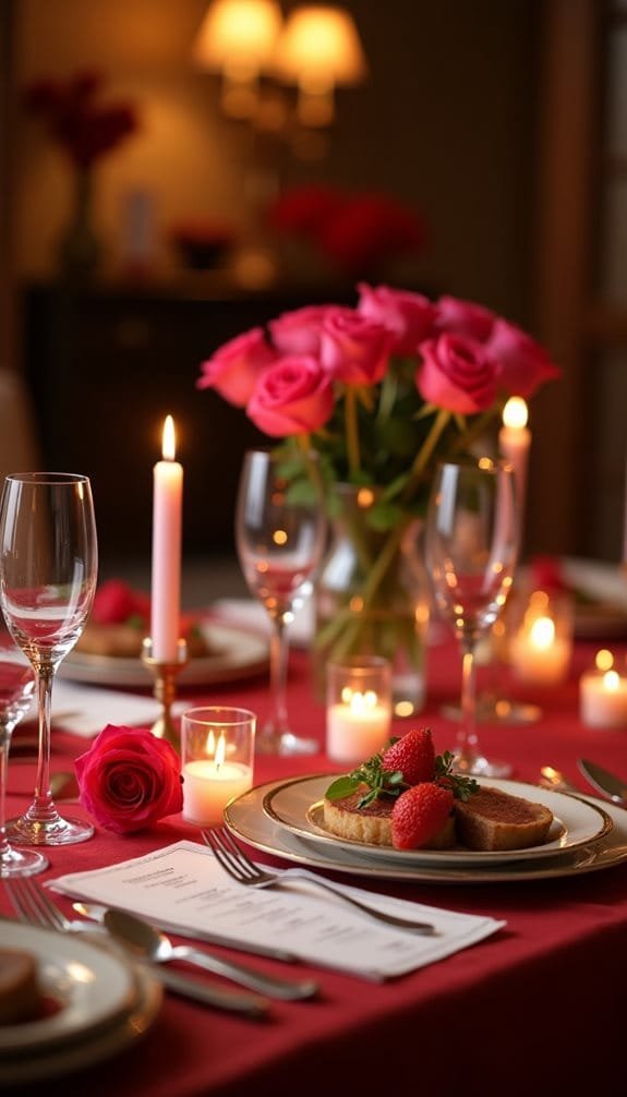 Romantic dinner table set with roses, candles, wine glasses, and a gourmet dessert featuring strawberries and toast.