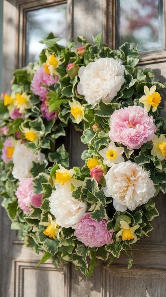 Beautiful floral wreath featuring peonies in shades of pink and white, accented with vibrant yellow daffodils and lush green ivy leaves, hanging on a wooden door. Perfect for spring or seasonal home decor.