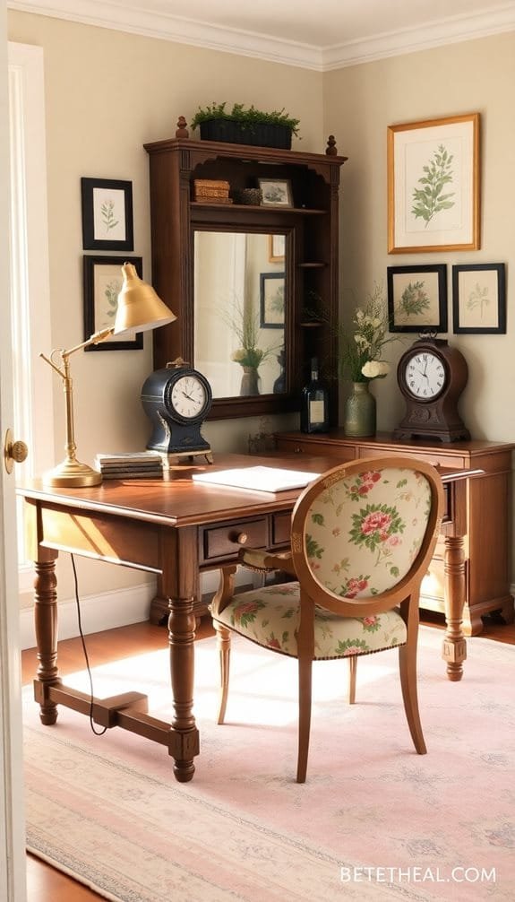 Cozy home office featuring a wooden desk with a floral upholstered chair, vintage clocks, and framed botanical art. Natural light illuminates the space, highlighting a large mirror and decorative plants on a bookshelf. Ideal for inspiration and productivity in a stylish setting.